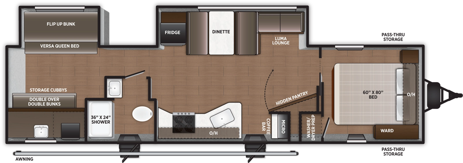 The Airelume 325 floorplan has two entries and two slide outs. Exterior features include: metal exterior, 18' awning and outside kitchen. Interiors features include: bunk beds and front bedroom.